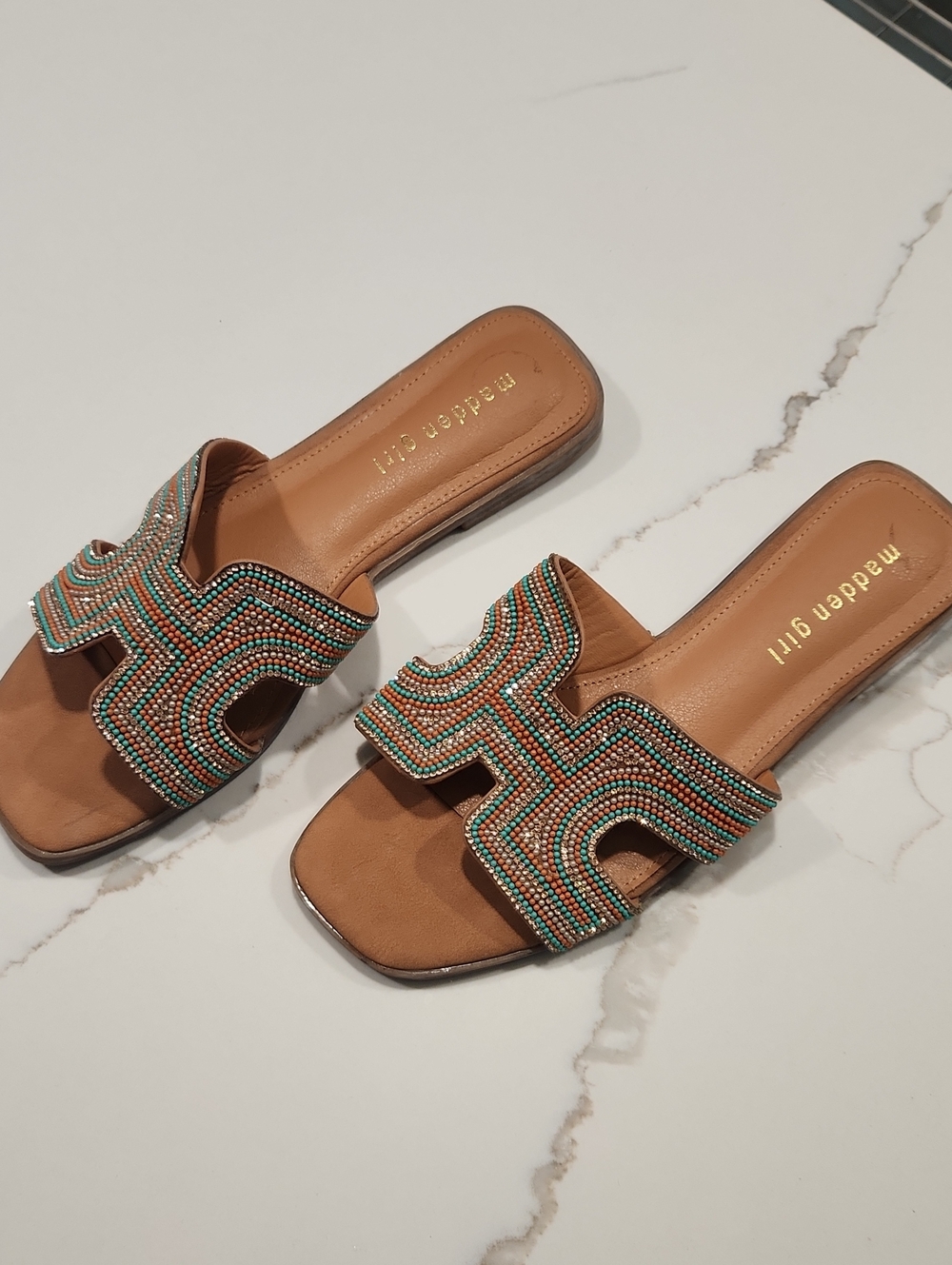 Madden Girl Tan Slide Sandals with Teal & Coral Beadwork